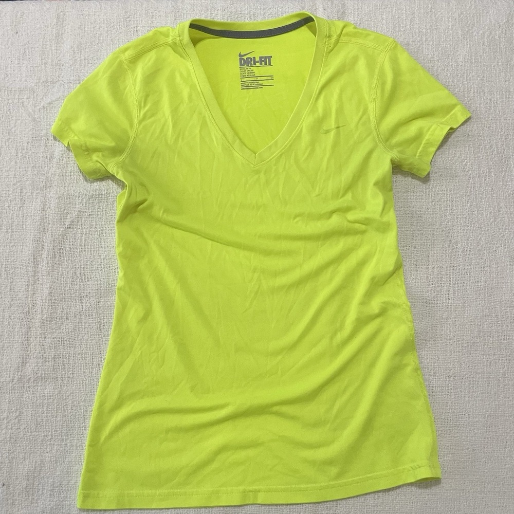 Nike Women's Small Athletic Top V Neck DRI-FIT Neon Yellow Short Sleeve Athletic